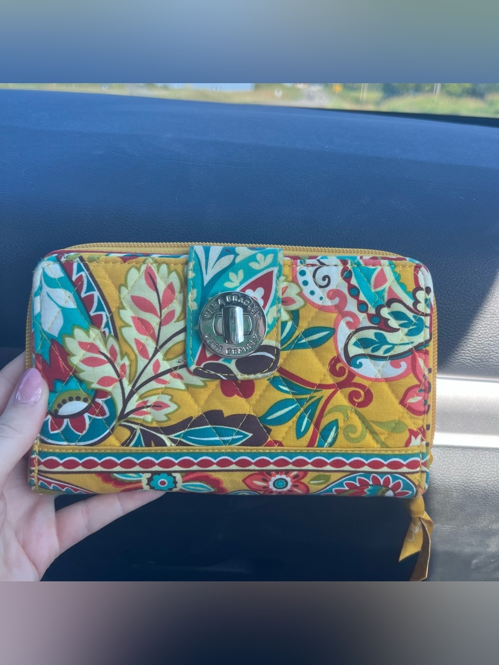 Vera Bradley Yellow Floral Quilted Zip Wallet with Teal Accents